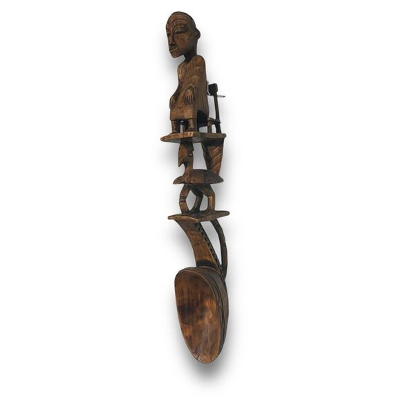 African Tribal Totem Art Carved Wood Ladle Spoon Ceremonial Seated Figure Scoop - Picture 4 of 16